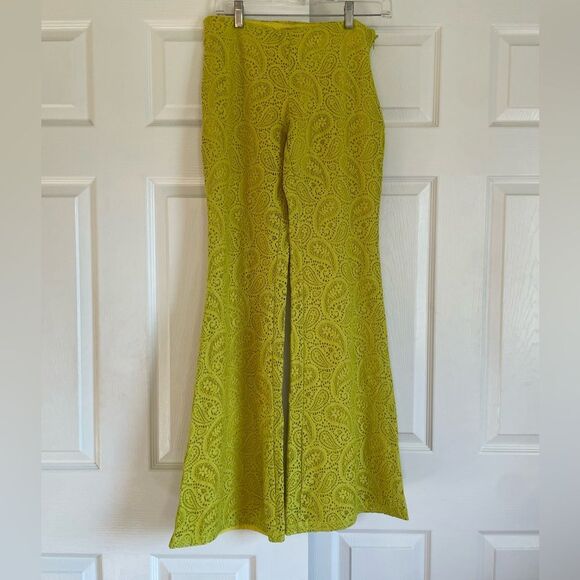 NWT Anthropologie Flared Lace Pants Size 2 Lined Green Yellow - Picture 4 of 13